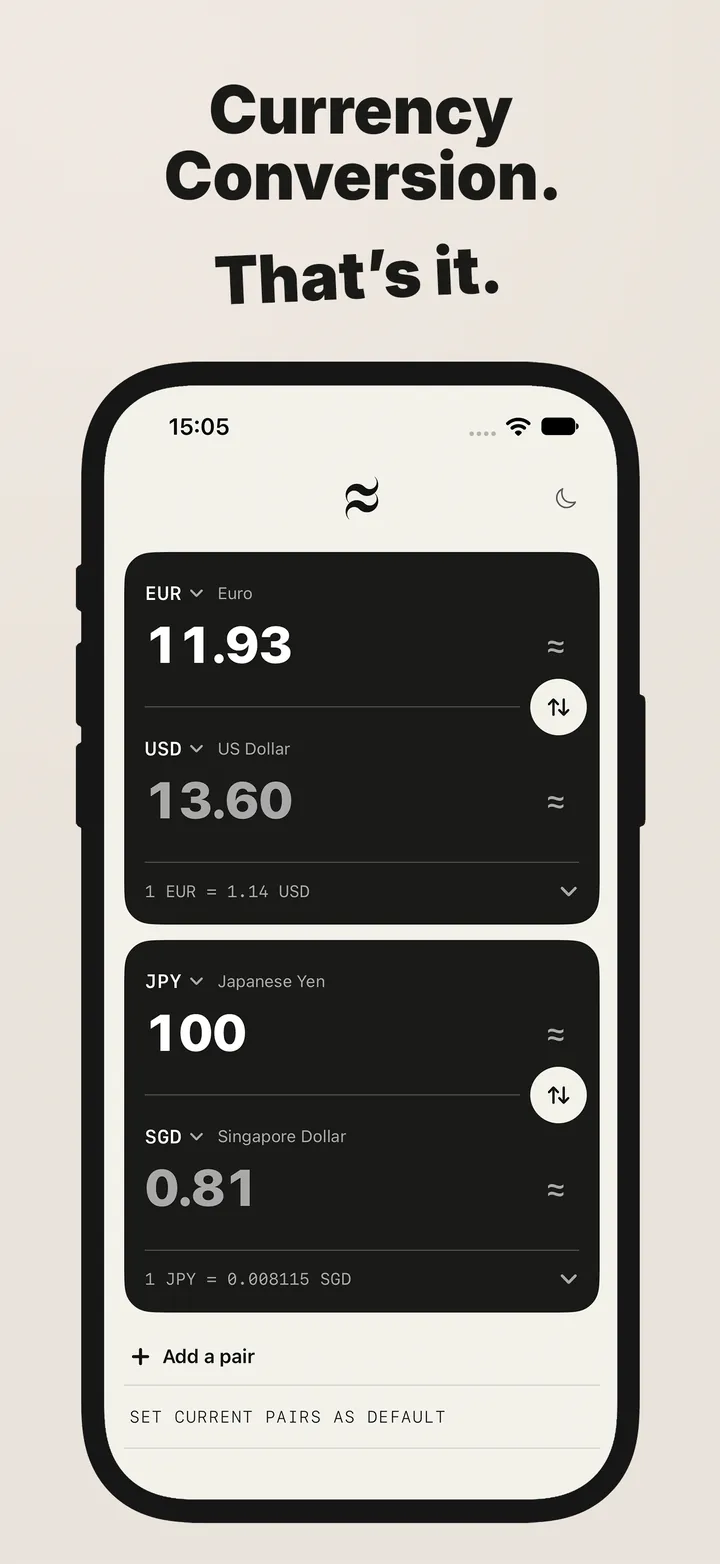 Currency Conversion. That's it. Plutus Exchange showing two currency pairs: 11.93 euros to 13.60 US dollars, and 100 Japanese yen to 0.81 Singapore dollars.