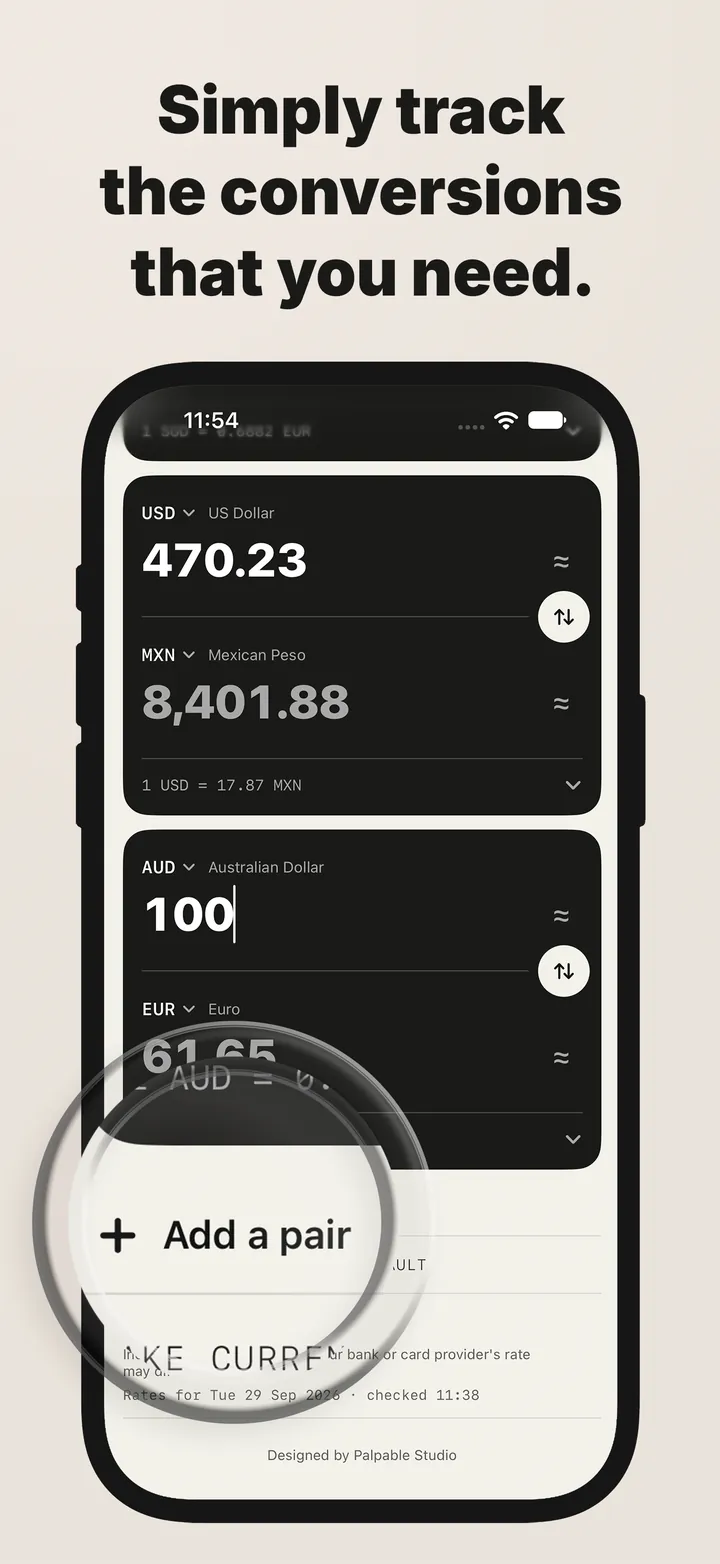 Simply track the conversions that you need. US dollar to Mexican peso and Australian dollar to euro pairs, with the Add a pair button magnified.