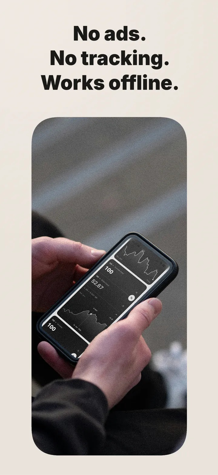 No ads. No tracking. Works offline. A photo of two hands holding an iPhone with Plutus Exchange open in dark mode.